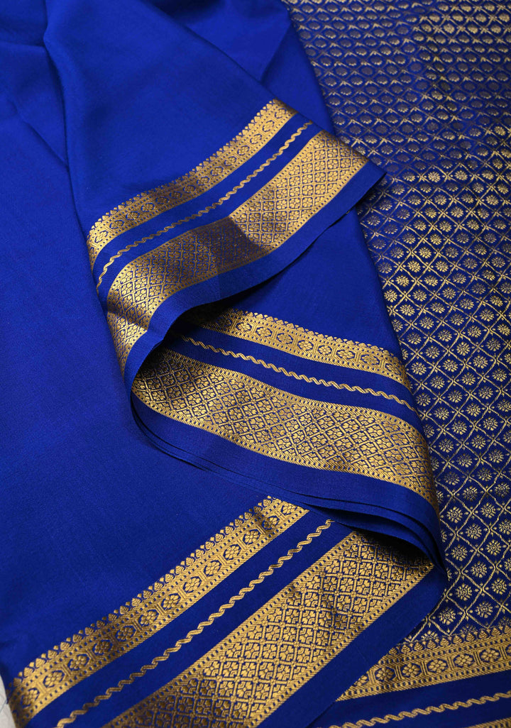 Royal Blue Pure Mysore Silk Saree with Podi-Kattam Zari Checks on Turquoise and Zari Border in KSIC Grade Thickness | SILK MARK CERTIFIED