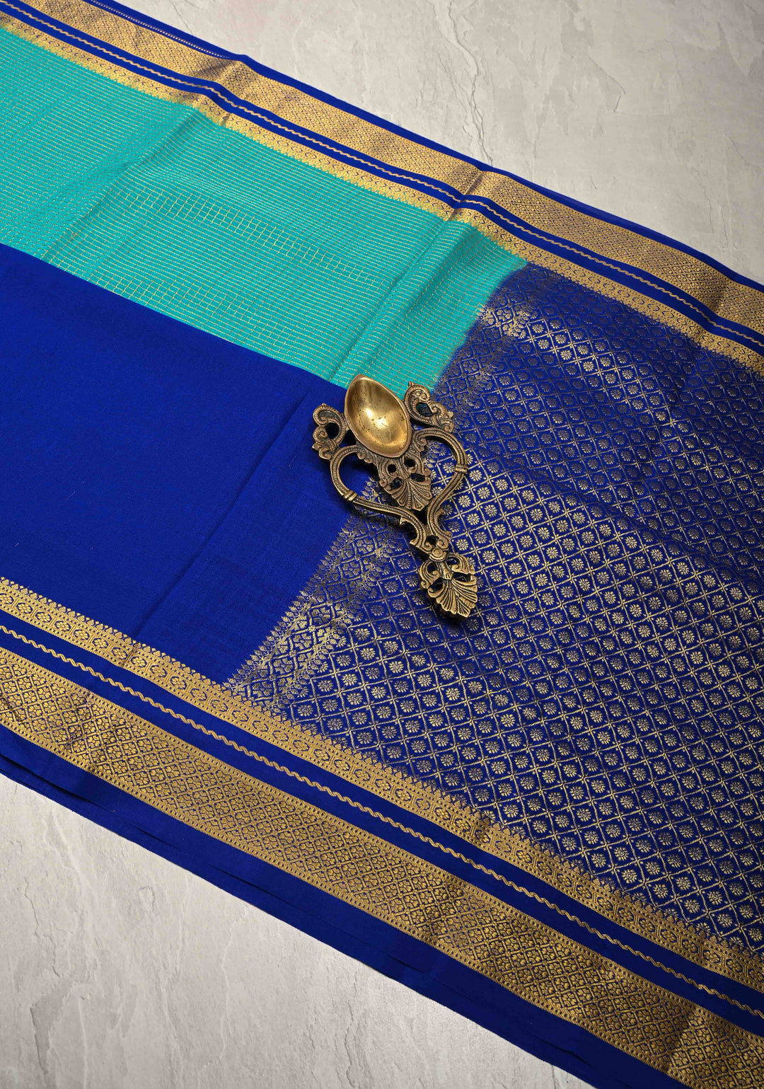 Royal Blue Pure Mysore Silk Saree with Podi-Kattam Zari Checks on Turquoise and Zari Border in KSIC Grade Thickness | SILK MARK CERTIFIED