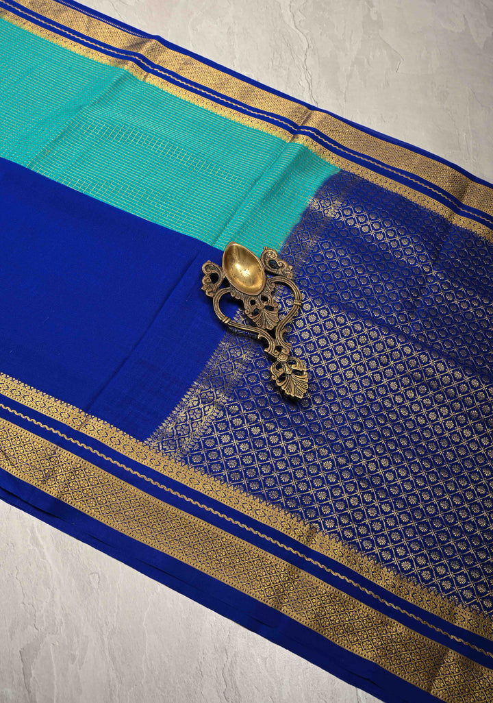 Royal Blue Pure Mysore Silk Saree with Podi-Kattam Zari Checks on Turquoise and Zari Border in KSIC Grade Thickness | SILK MARK CERTIFIED
