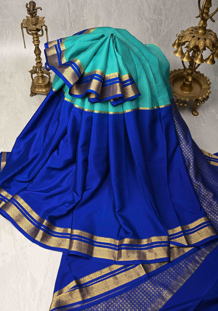 Royal Blue Pure Mysore Silk Saree with Podi-Kattam Zari Checks on Turquoise and Zari Border in KSIC Grade Thickness | SILK MARK CERTIFIED
