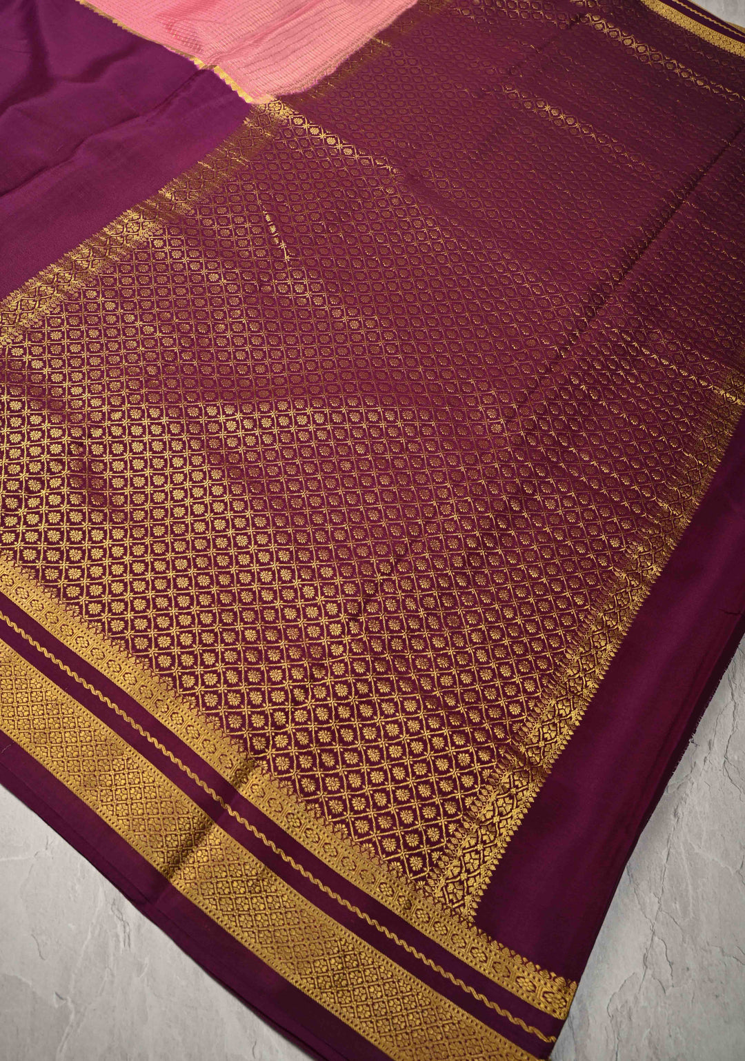 Aubergine Pure Mysore Silk Saree with Podi-Kattam Zari Checks on Rose Pink and Zari Border in KSIC Grade Thickness | SILK MARK CERTIFIED