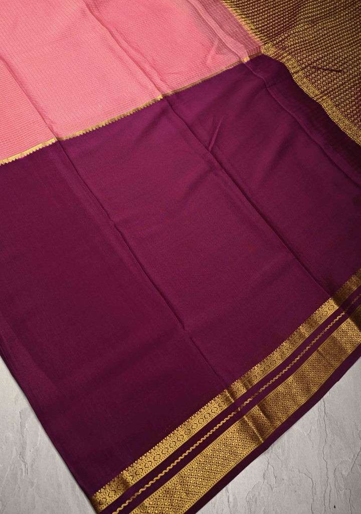 Aubergine Pure Mysore Silk Saree with Podi-Kattam Zari Checks on Rose Pink and Zari Border in KSIC Grade Thickness | SILK MARK CERTIFIED
