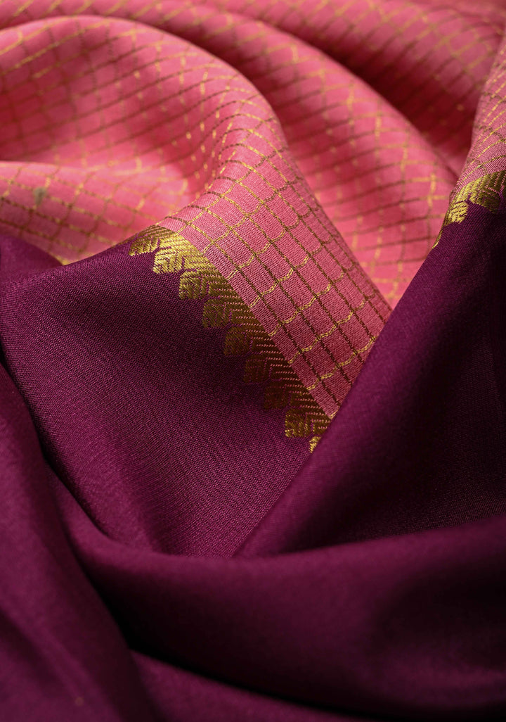 Aubergine Pure Mysore Silk Saree with Podi-Kattam Zari Checks on Rose Pink and Zari Border in KSIC Grade Thickness | SILK MARK CERTIFIED