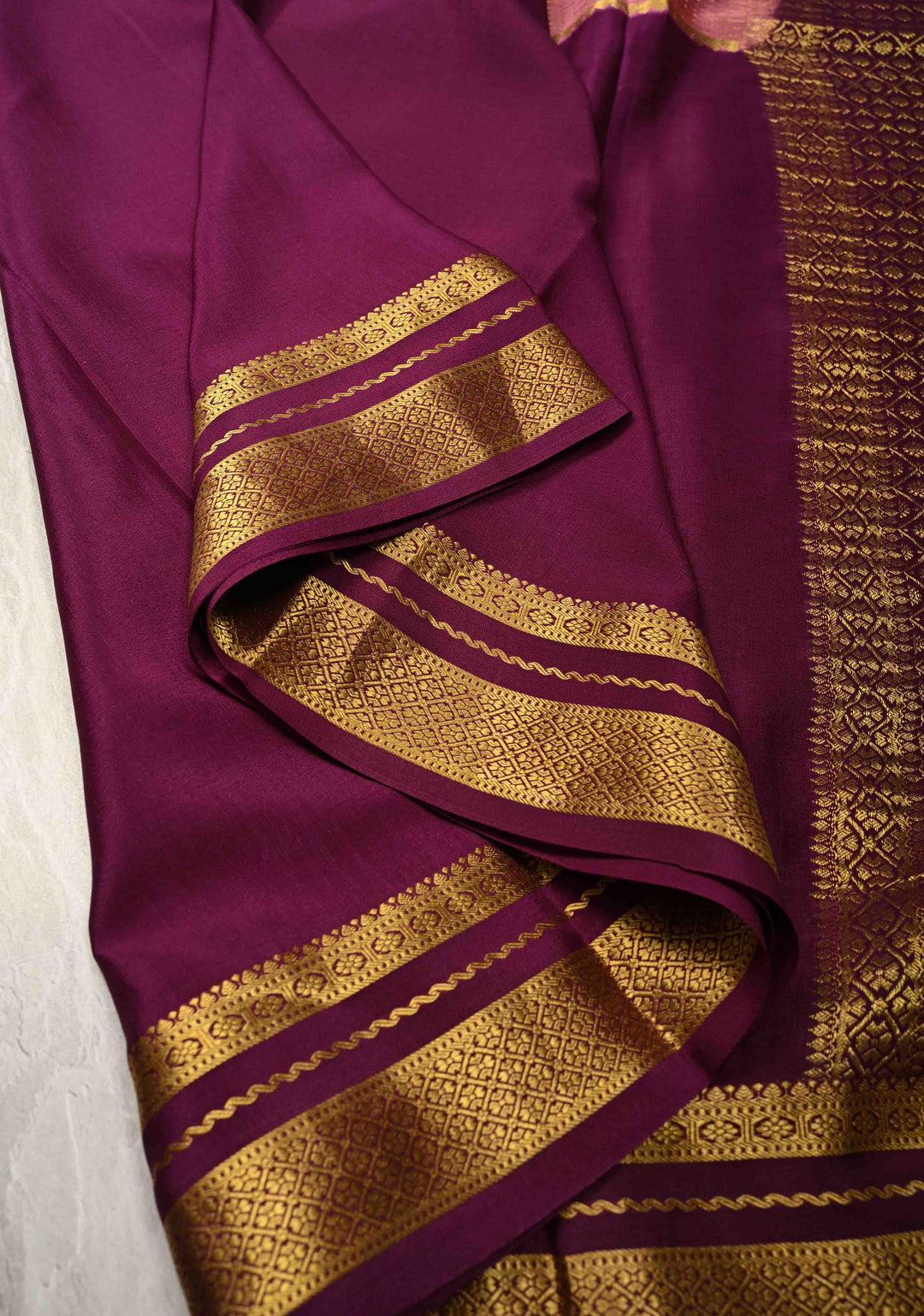 Aubergine Pure Mysore Silk Saree with Podi-Kattam Zari Checks on Rose Pink and Zari Border in KSIC Grade Thickness | SILK MARK CERTIFIED