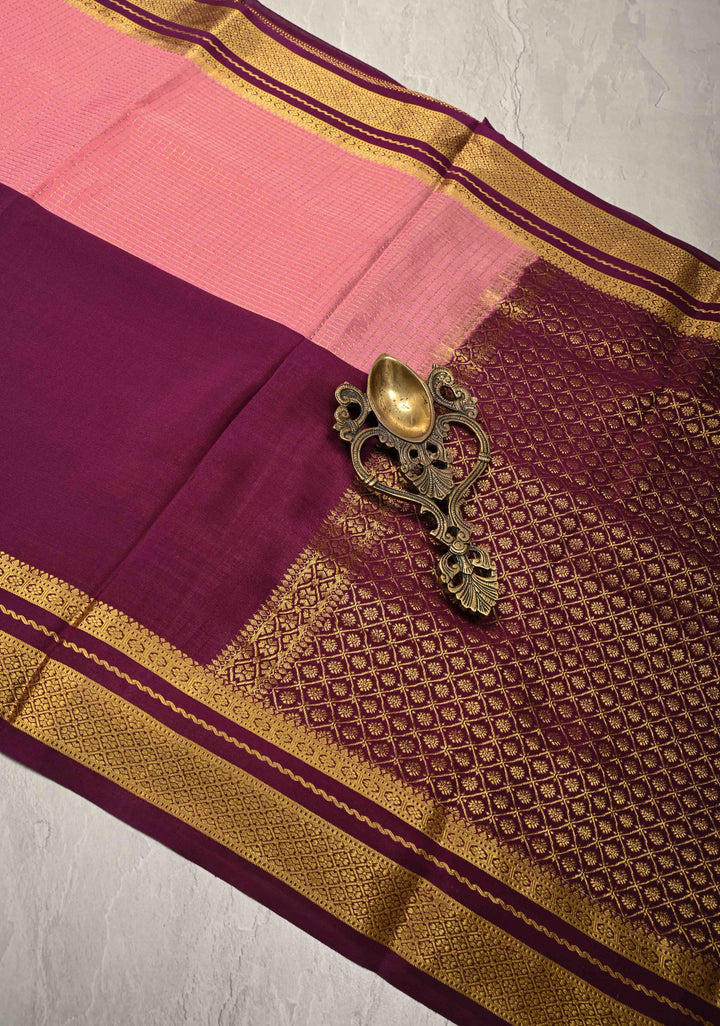 Aubergine Pure Mysore Silk Saree with Podi-Kattam Zari Checks on Rose Pink and Zari Border in KSIC Grade Thickness | SILK MARK CERTIFIED
