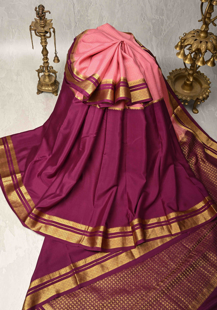 Aubergine Pure Mysore Silk Saree with Podi-Kattam Zari Checks on Rose Pink and Zari Border in KSIC Grade Thickness | SILK MARK CERTIFIED