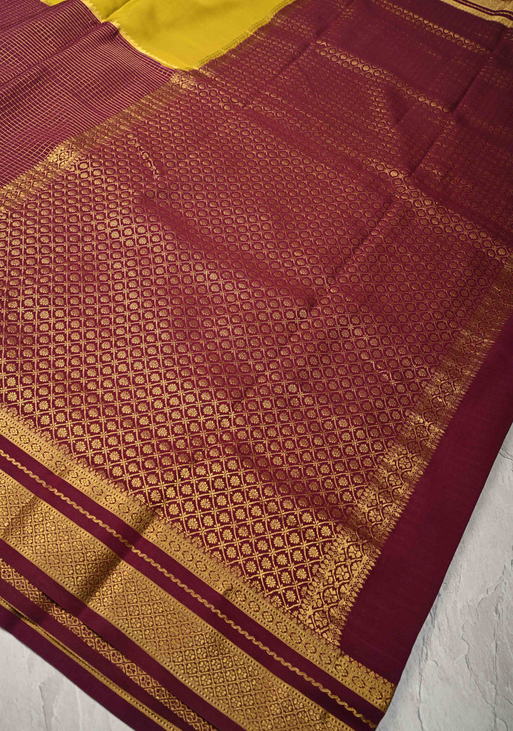 Moss Yellow Pure Mysore Silk Saree with Podi-Kattam Zari Checks on Plum and Zari Border in KSIC Grade Thickness | SILK MARK CERTIFIED