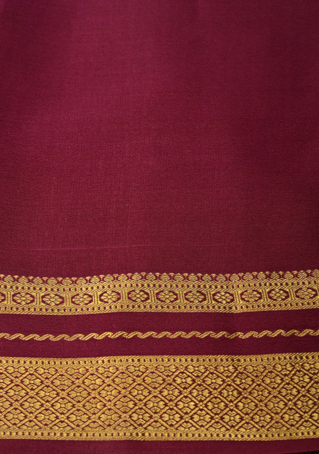 Moss Yellow Pure Mysore Silk Saree with Podi-Kattam Zari Checks on Plum and Zari Border in KSIC Grade Thickness | SILK MARK CERTIFIED