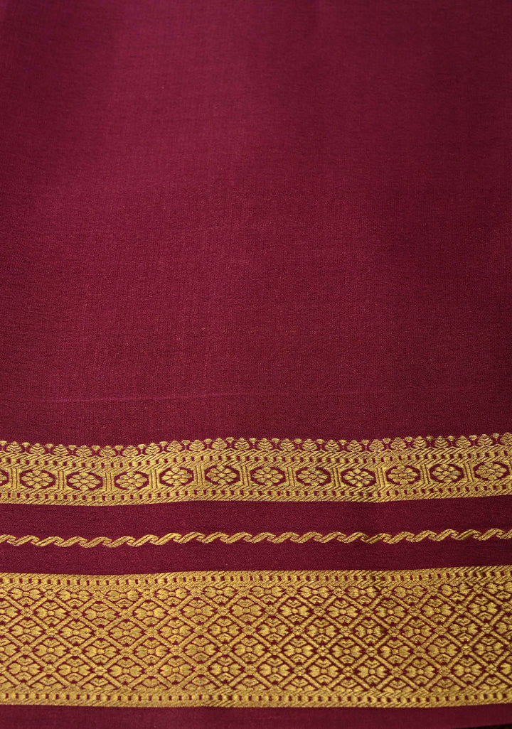 Moss Yellow Pure Mysore Silk Saree with Podi-Kattam Zari Checks on Plum and Zari Border in KSIC Grade Thickness | SILK MARK CERTIFIED