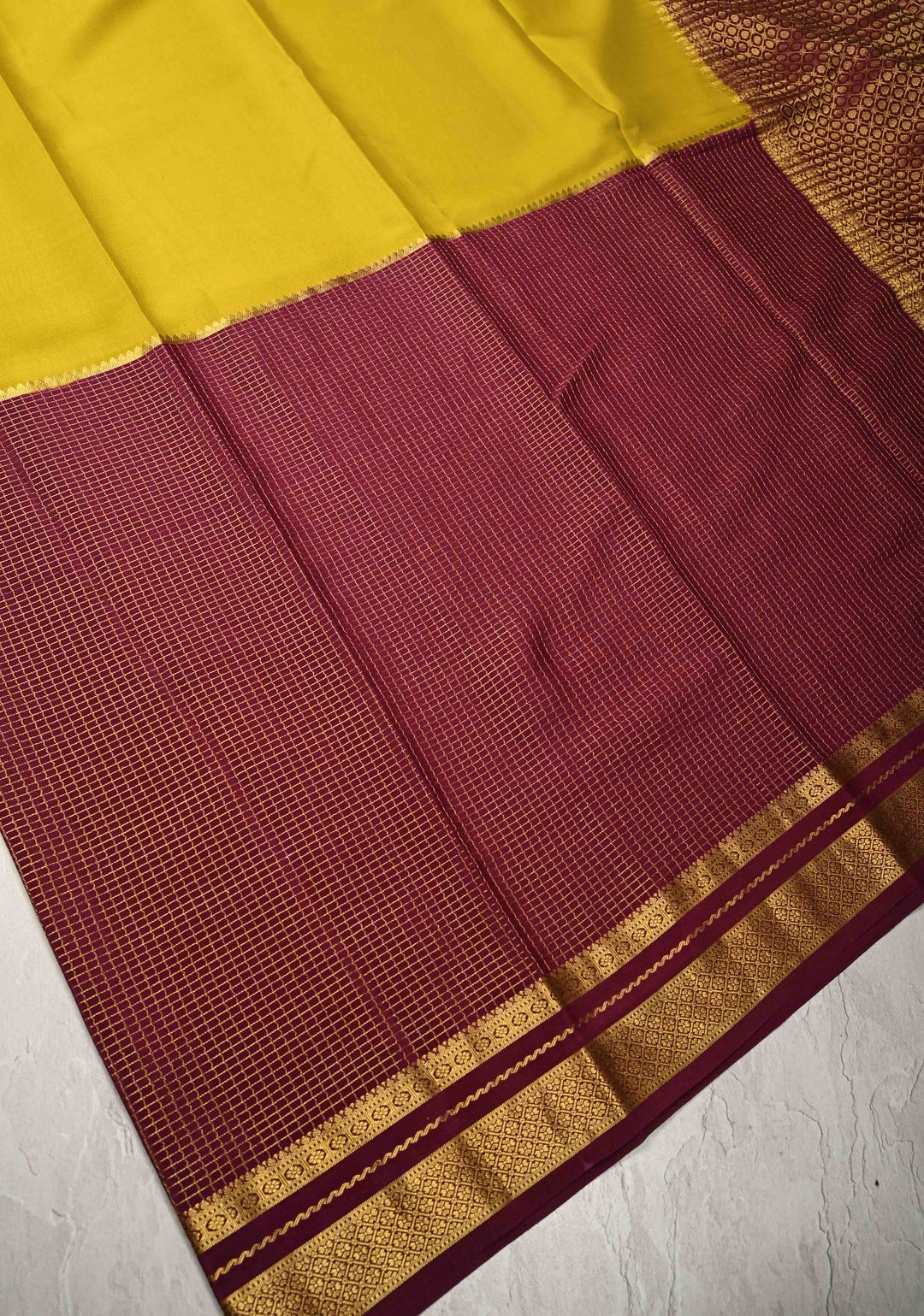 Moss Yellow Pure Mysore Silk Saree with Podi-Kattam Zari Checks on Plum and Zari Border in KSIC Grade Thickness | SILK MARK CERTIFIED