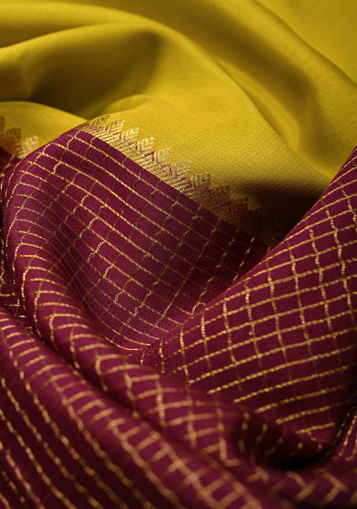 Moss Yellow Pure Mysore Silk Saree with Podi-Kattam Zari Checks on Plum and Zari Border in KSIC Grade Thickness | SILK MARK CERTIFIED