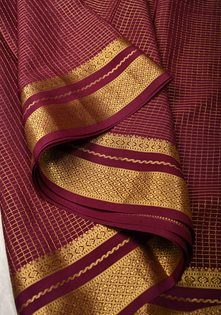 Moss Yellow Pure Mysore Silk Saree with Podi-Kattam Zari Checks on Plum and Zari Border in KSIC Grade Thickness | SILK MARK CERTIFIED