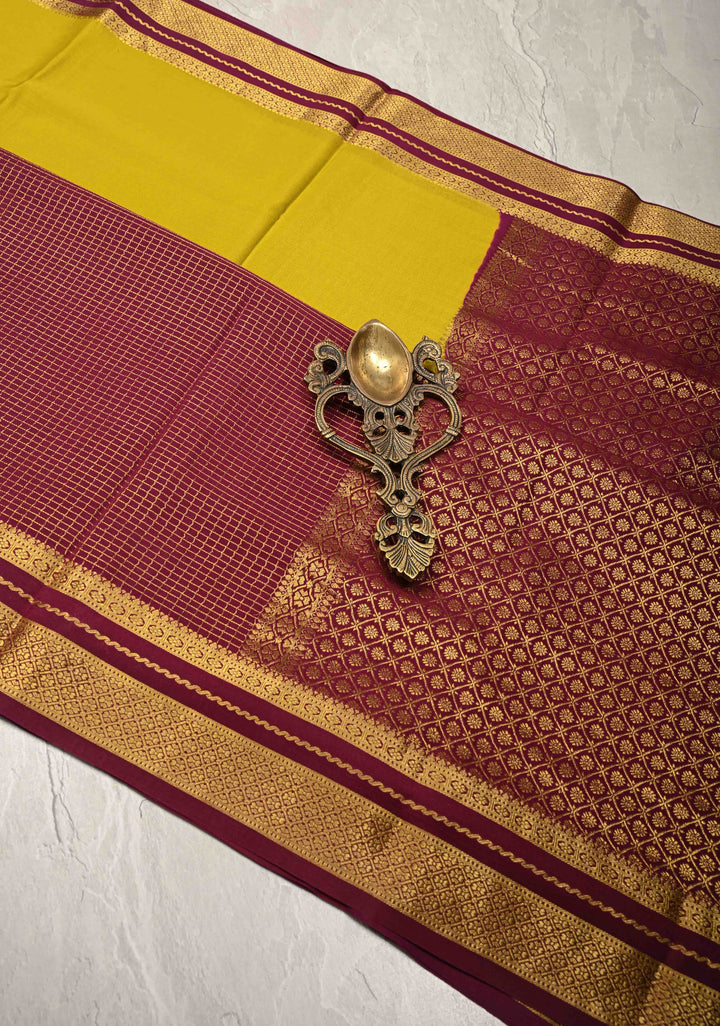 Moss Yellow Pure Mysore Silk Saree with Podi-Kattam Zari Checks on Plum and Zari Border in KSIC Grade Thickness | SILK MARK CERTIFIED