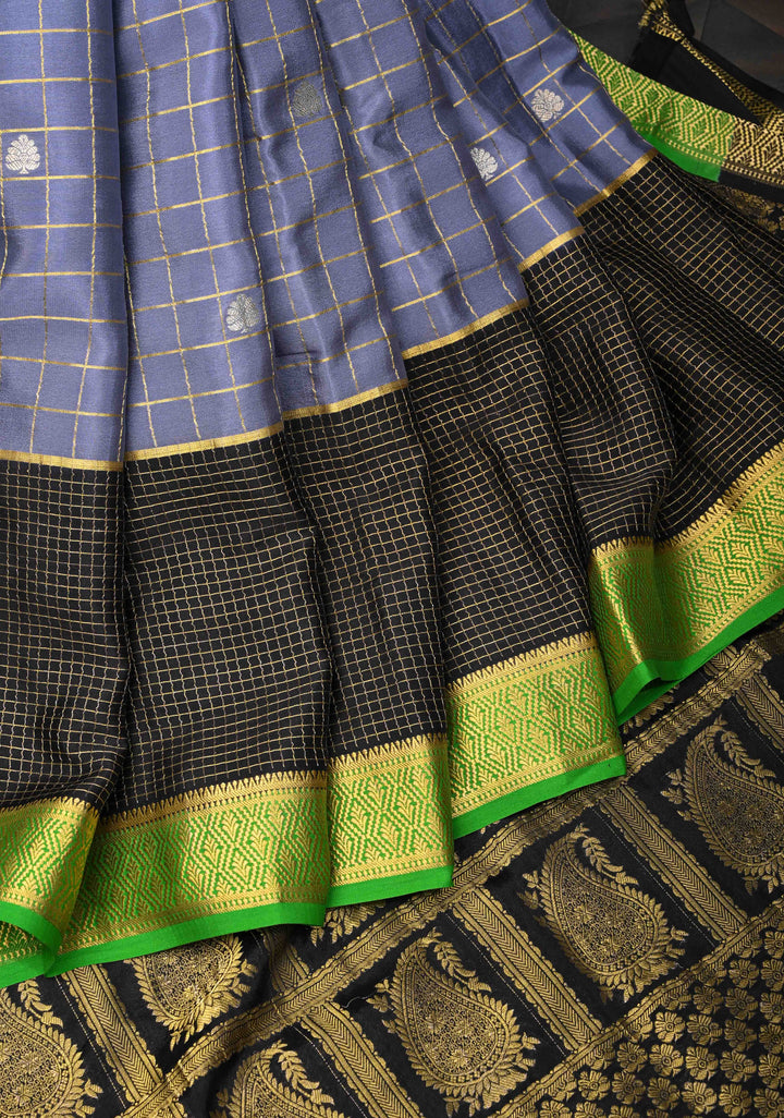 Stone Blue Mysore Silk Saree With Checks And Checked Panel Zari Border in KSIC Grade Thickness| SILK MARK CERTIFIED