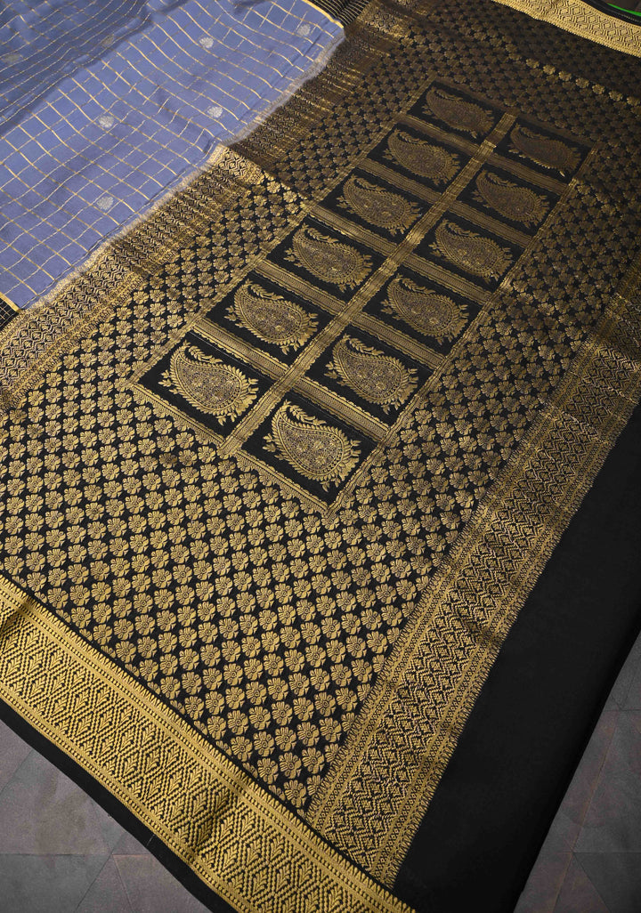 Stone Blue Mysore Silk Saree With Checks And Checked Panel Zari Border in KSIC Grade Thickness| SILK MARK CERTIFIED