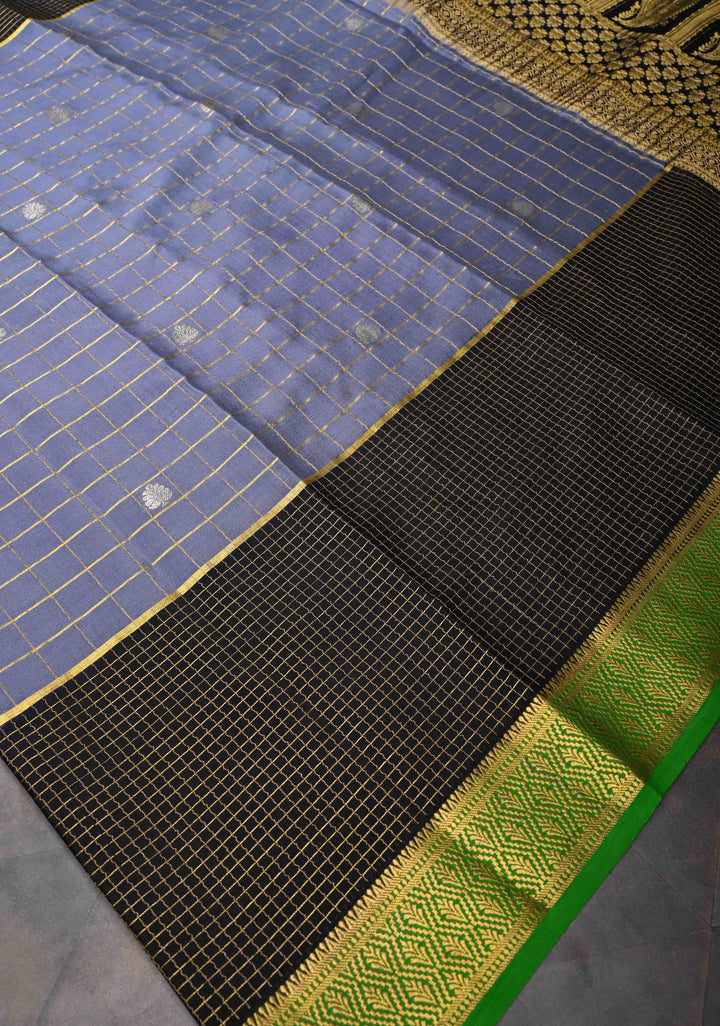 Stone Blue Mysore Silk Saree With Checks And Checked Panel Zari Border in KSIC Grade Thickness| SILK MARK CERTIFIED