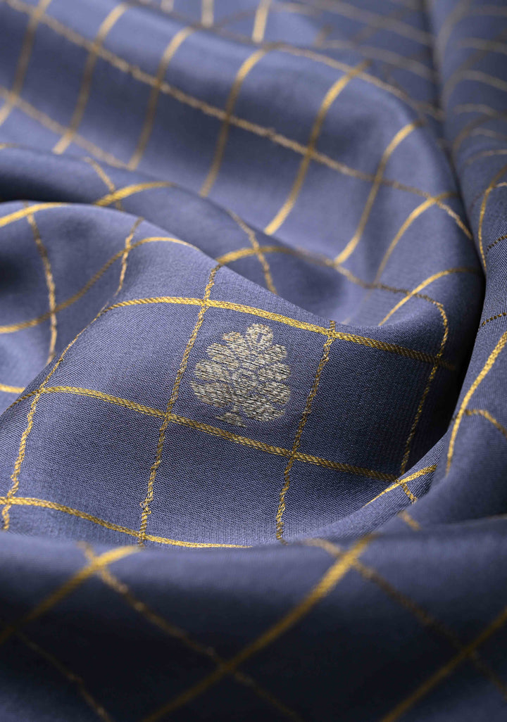 Stone Blue Mysore Silk Saree With Checks And Checked Panel Zari Border in KSIC Grade Thickness| SILK MARK CERTIFIED