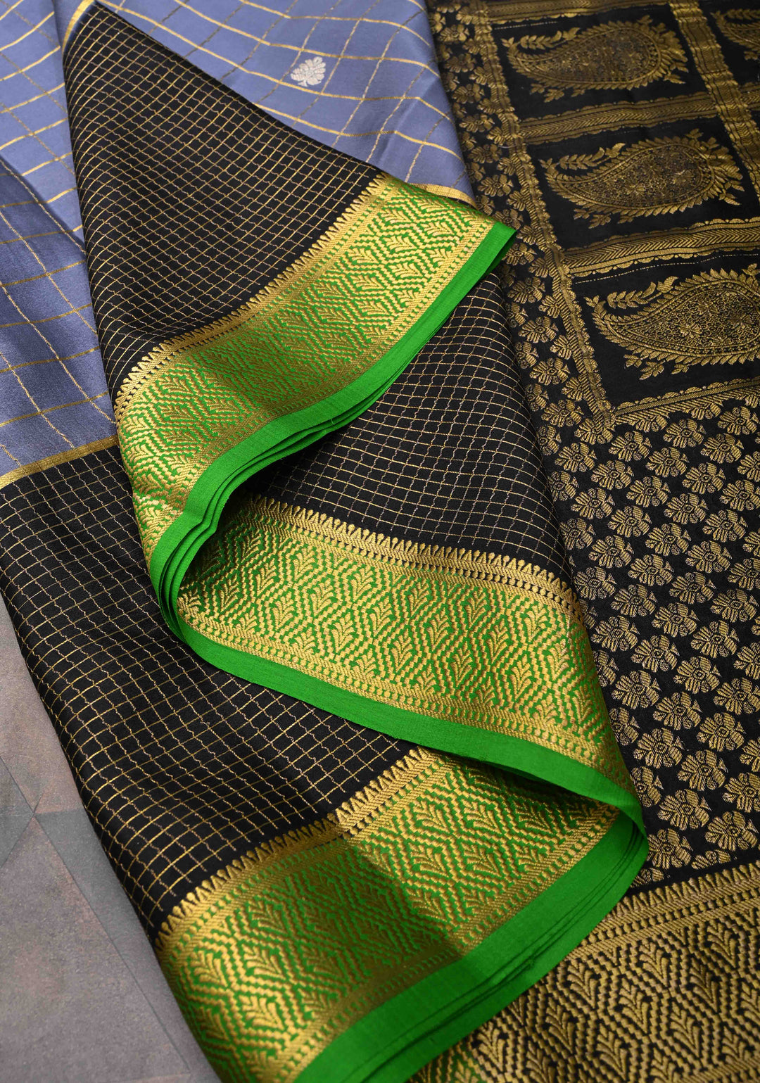 Stone Blue Mysore Silk Saree With Checks And Checked Panel Zari Border in KSIC Grade Thickness| SILK MARK CERTIFIED