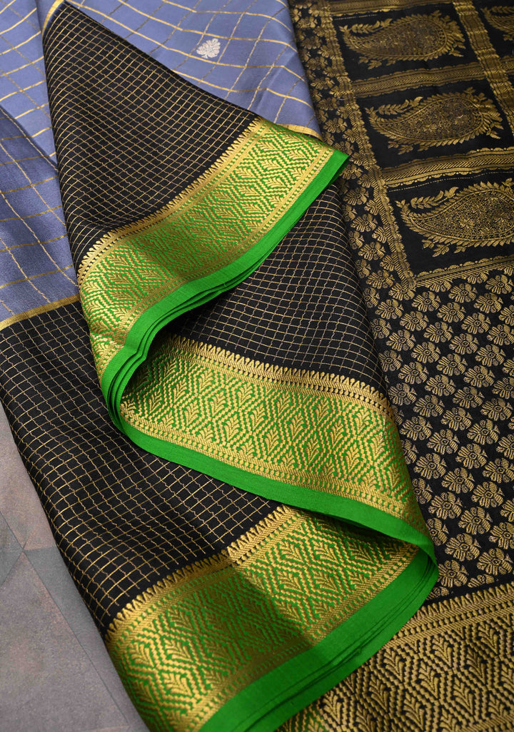 Stone Blue Mysore Silk Saree With Checks And Checked Panel Zari Border in KSIC Grade Thickness| SILK MARK CERTIFIED