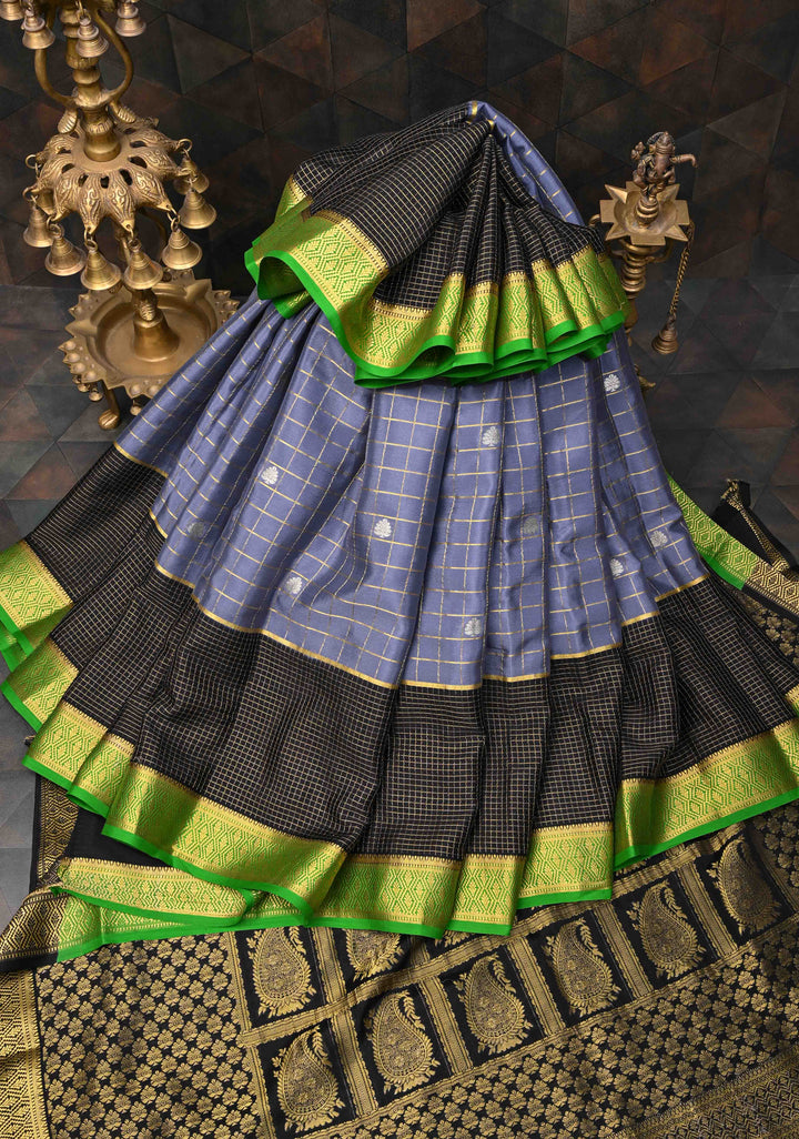 Stone Blue Mysore Silk Saree With Checks And Checked Panel Zari Border in KSIC Grade Thickness| SILK MARK CERTIFIED