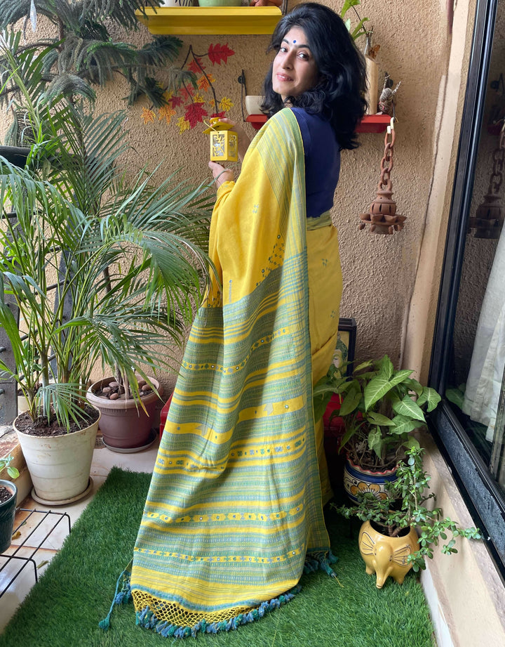 Basant Bhujodi Saree in Kala Cotton | SHOBITAM