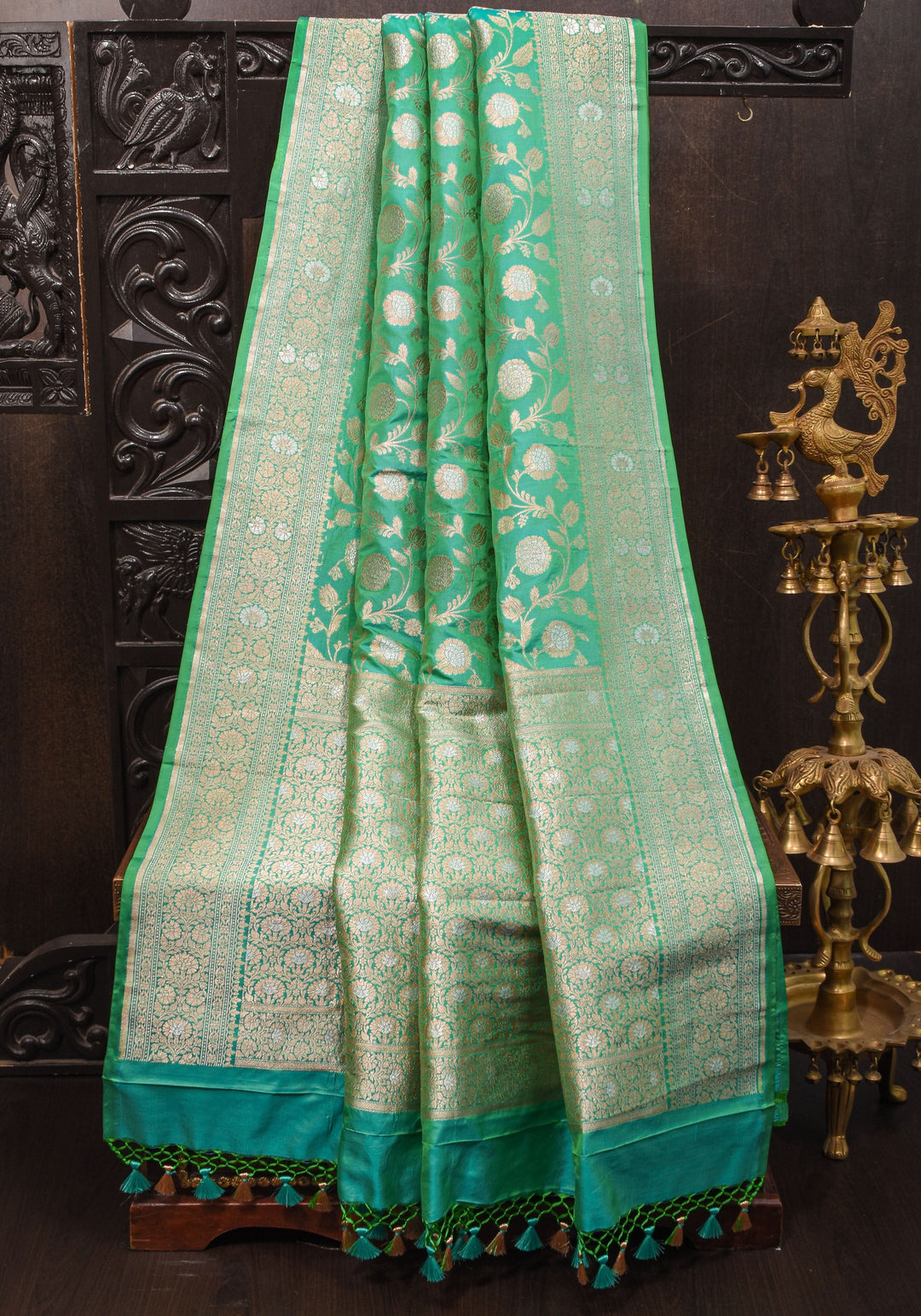 Sea Green Exquisite Banarasi Alfi Jaal Katan Saree | SILK MARK CERTIFIED