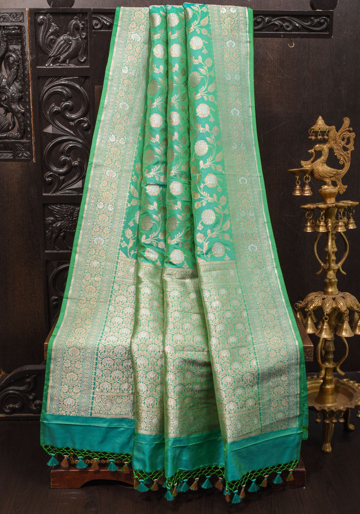 Sea Green Exquisite Banarasi Alfi Jaal Katan Saree | SILK MARK CERTIFIED