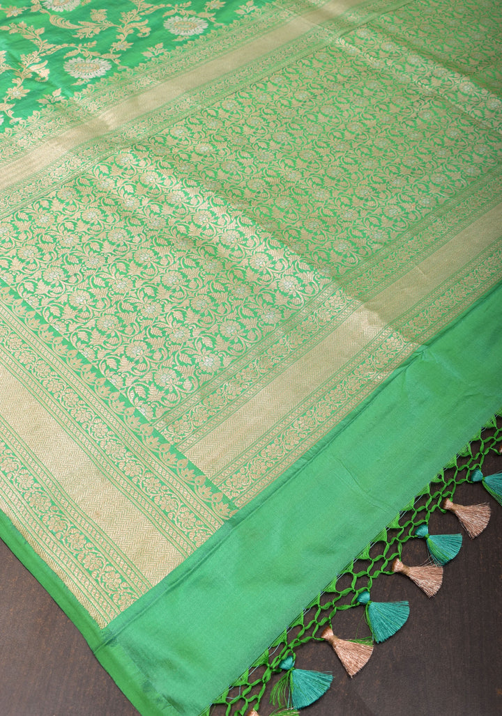 Leaf Green Alfi  Pure Katan Silk Banarasi Saree with Floral Jaal Weave | SILK MARK CERTIFIED