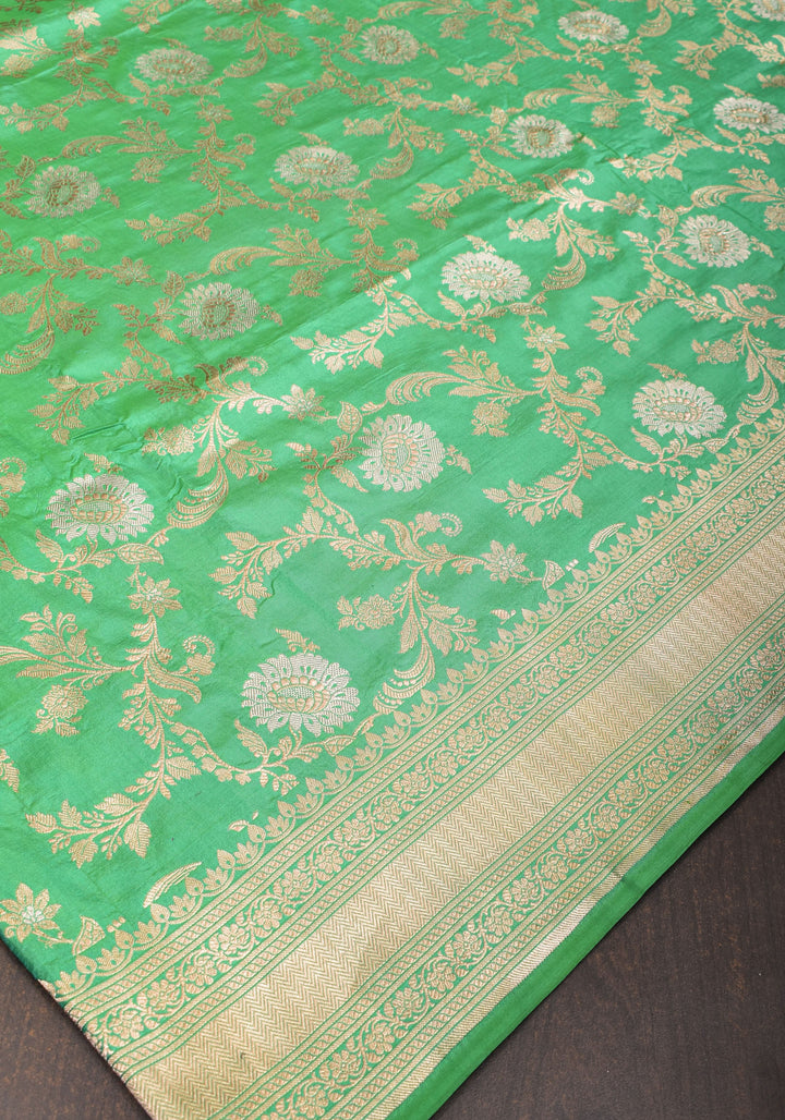 Leaf Green Alfi  Pure Katan Silk Banarasi Saree with Floral Jaal Weave | SILK MARK CERTIFIED