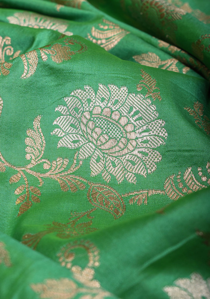 Leaf Green Alfi  Pure Katan Silk Banarasi Saree with Floral Jaal Weave | SILK MARK CERTIFIED