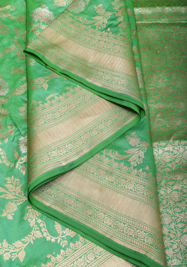 Leaf Green Alfi  Pure Katan Silk Banarasi Saree with Floral Jaal Weave | SILK MARK CERTIFIED