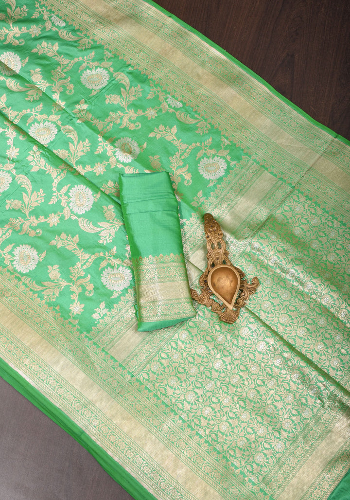Leaf Green Alfi  Pure Katan Silk Banarasi Saree with Floral Jaal Weave | SILK MARK CERTIFIED
