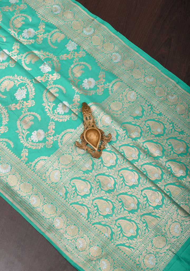 Cyan Alfi  Pure Katan Silk Banarasi Saree with Floral Jaal Weave | SILK MARK CERTIFIED
