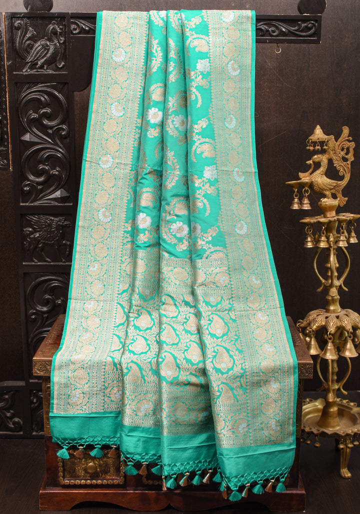 Cyan Alfi  Pure Katan Silk Banarasi Saree with Floral Jaal Weave | SILK MARK CERTIFIED