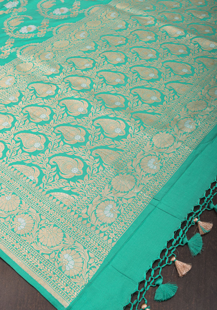 Cyan Alfi  Pure Katan Silk Banarasi Saree with Floral Jaal Weave | SILK MARK CERTIFIED