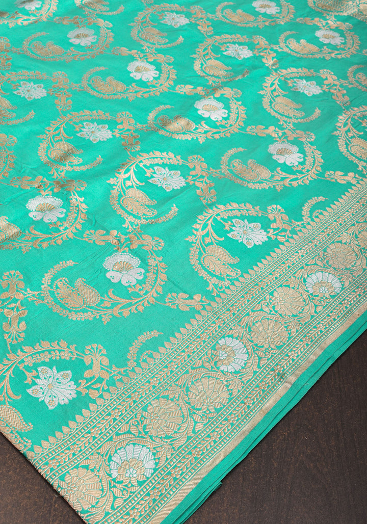 Cyan Alfi  Pure Katan Silk Banarasi Saree with Floral Jaal Weave | SILK MARK CERTIFIED