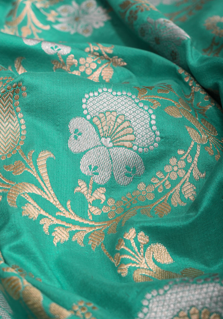 Cyan Alfi  Pure Katan Silk Banarasi Saree with Floral Jaal Weave | SILK MARK CERTIFIED