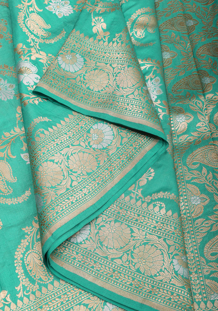 Cyan Alfi  Pure Katan Silk Banarasi Saree with Floral Jaal Weave | SILK MARK CERTIFIED
