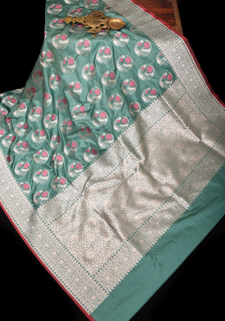 Sage Banarasi Pure Katan Silk Saree With Meenakari Floral Zari Motifs | SILK MARK CERTIFIED