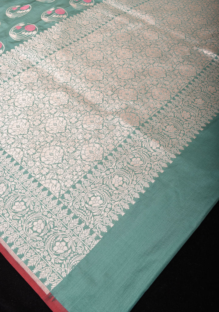 Sage Banarasi Pure Katan Silk Saree With Meenakari Floral Zari Motifs | SILK MARK CERTIFIED