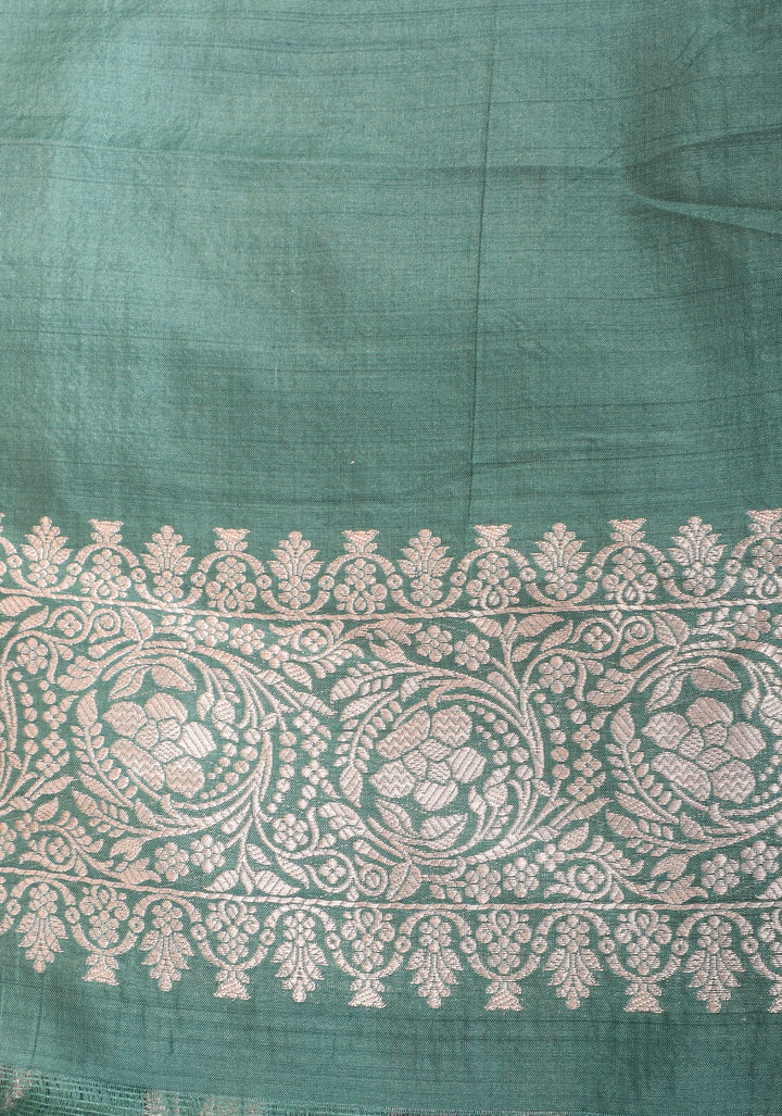 Sage Banarasi Pure Katan Silk Saree With Meenakari Floral Zari Motifs | SILK MARK CERTIFIED