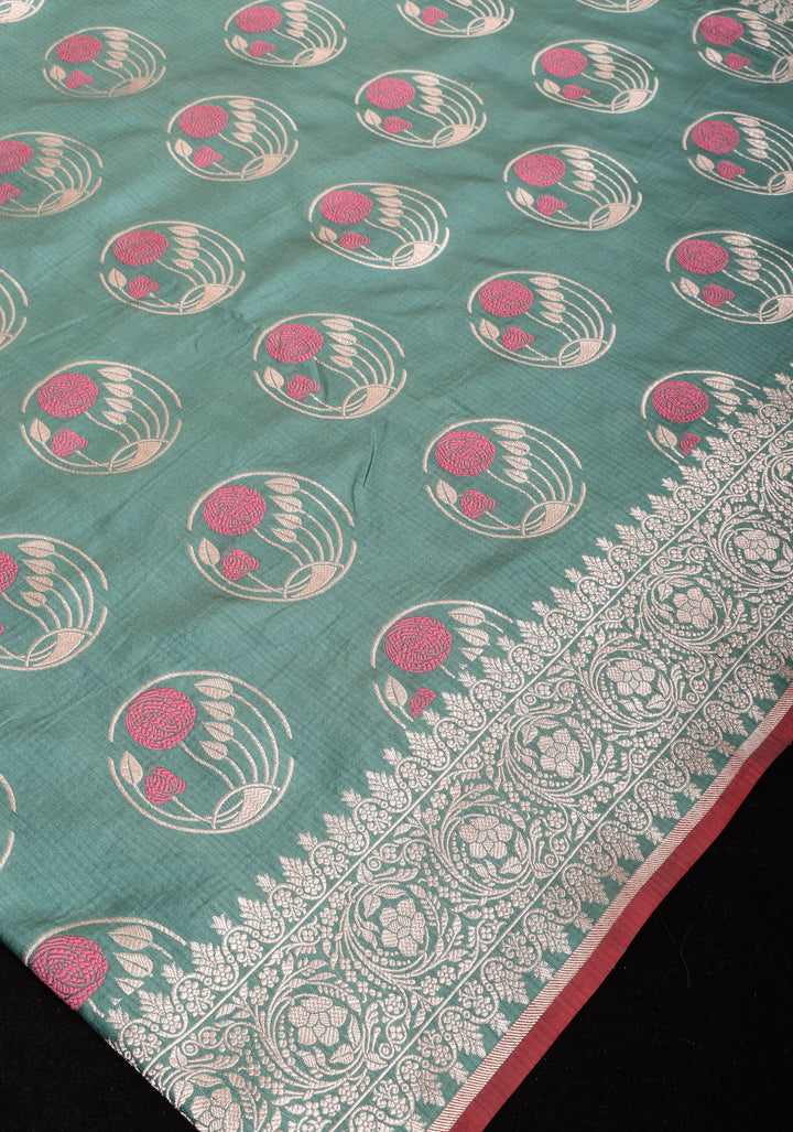 Sage Banarasi Pure Katan Silk Saree With Meenakari Floral Zari Motifs | SILK MARK CERTIFIED