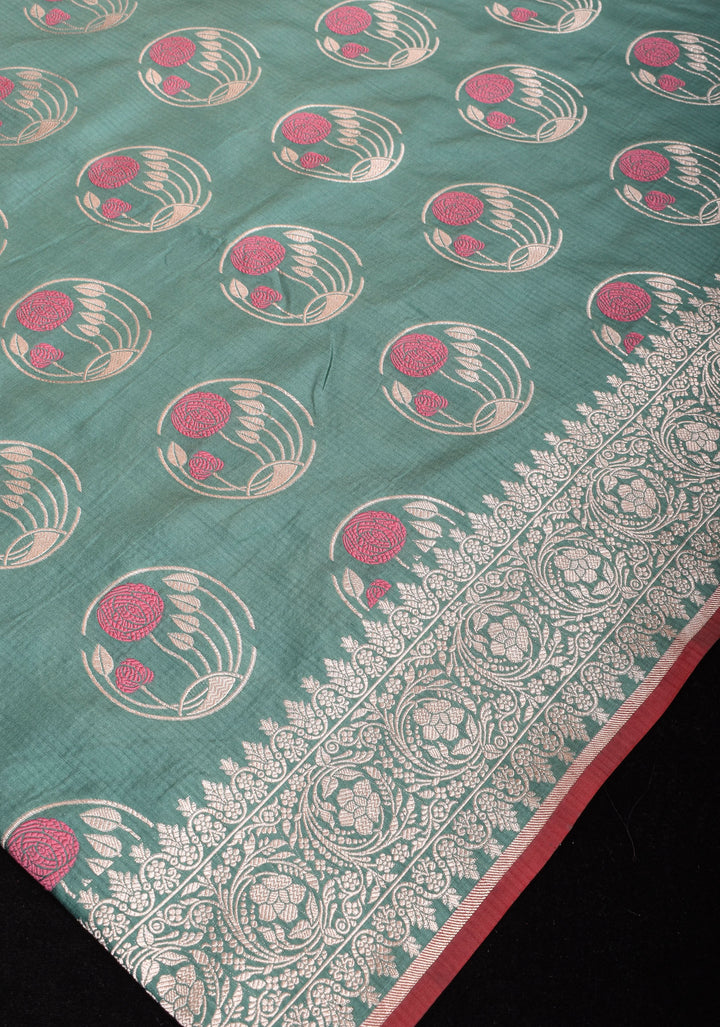 Sage Banarasi Pure Katan Silk Saree With Meenakari Floral Zari Motifs | SILK MARK CERTIFIED