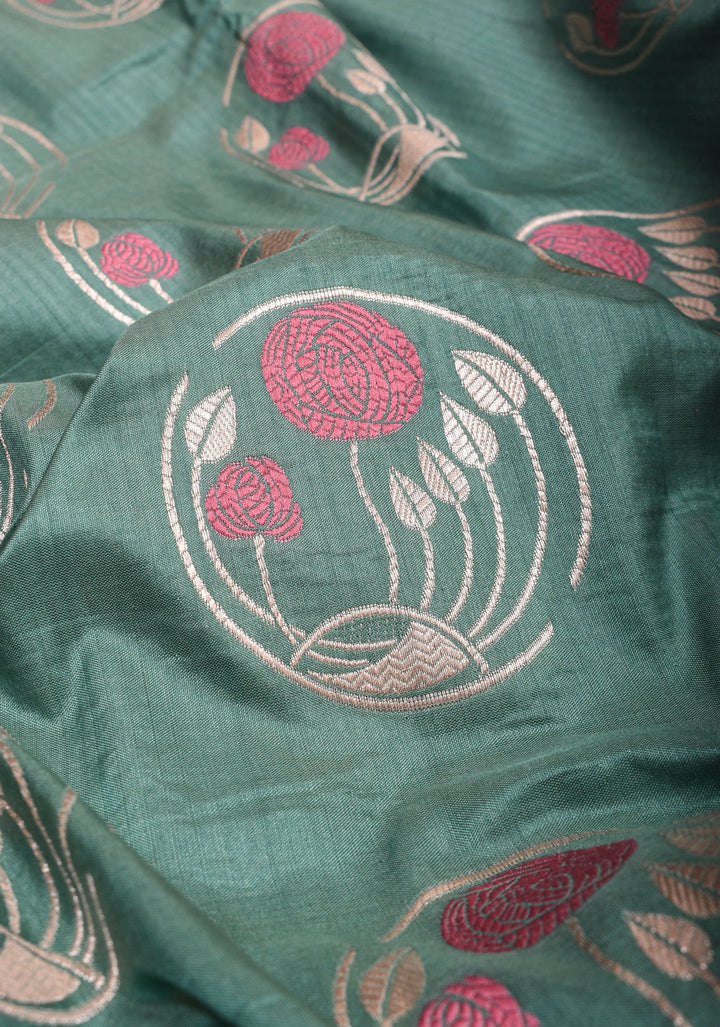 Sage Banarasi Pure Katan Silk Saree With Meenakari Floral Zari Motifs | SILK MARK CERTIFIED