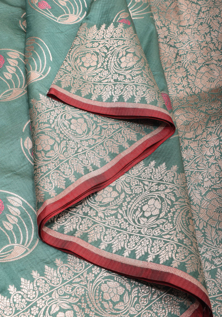 Sage Banarasi Pure Katan Silk Saree With Meenakari Floral Zari Motifs | SILK MARK CERTIFIED