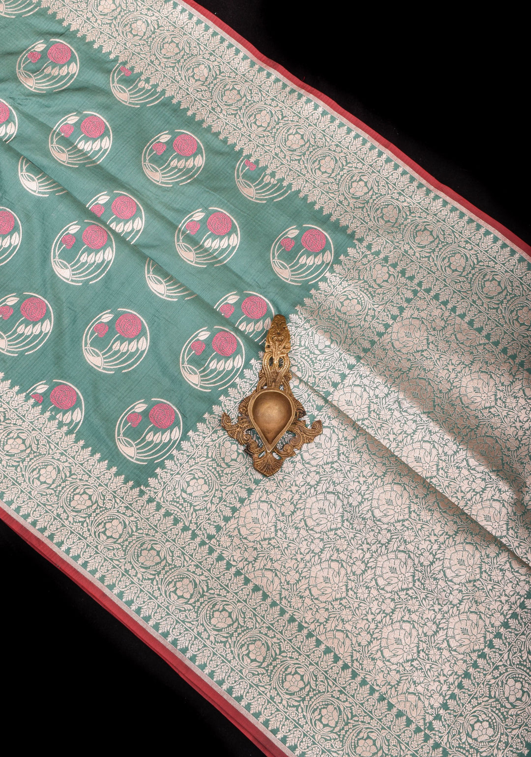 Sage Banarasi Pure Katan Silk Saree With Meenakari Floral Zari Motifs | SILK MARK CERTIFIED