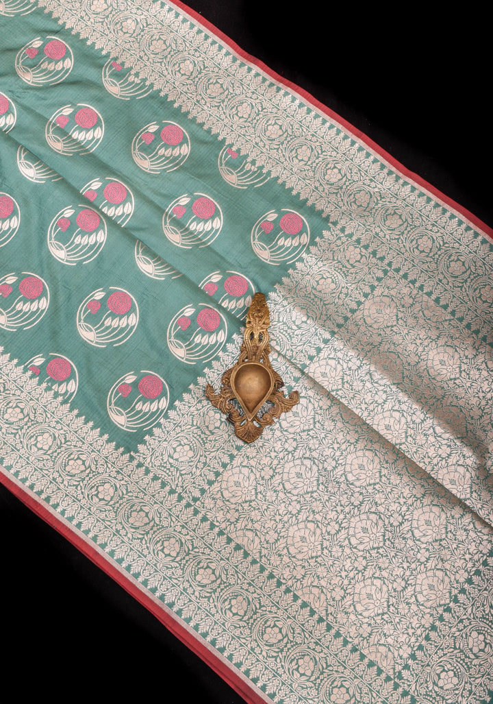 Sage Banarasi Pure Katan Silk Saree With Meenakari Floral Zari Motifs | SILK MARK CERTIFIED