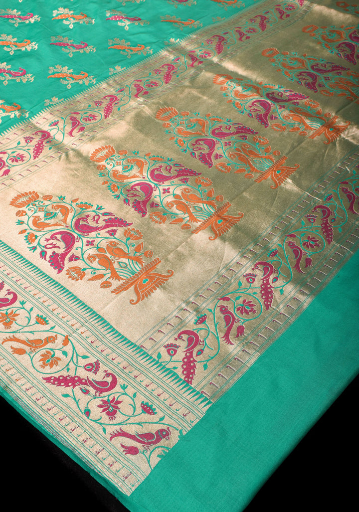 Teal Banarasi Katan silk saree with Meenakari Peacock Motifs and Paithani style borders  | SILK MARK CERTIFIED