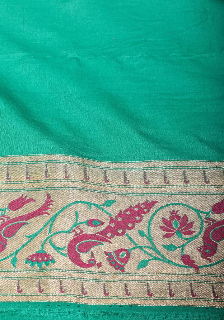 Teal Banarasi Katan silk saree with Meenakari Peacock Motifs and Paithani style borders  | SILK MARK CERTIFIED