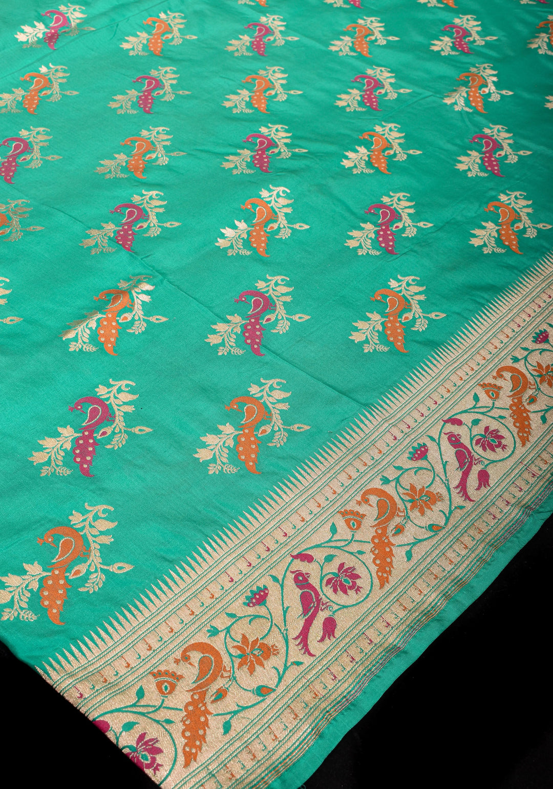 Teal Banarasi Katan silk saree with Meenakari Peacock Motifs and Paithani style borders  | SILK MARK CERTIFIED
